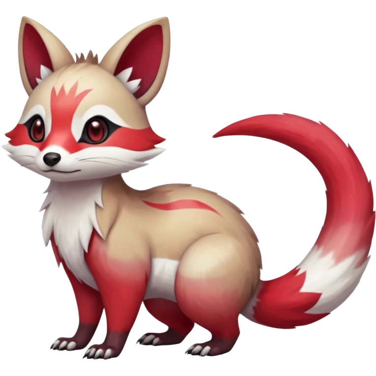 Cool Smooth Asian oriental painted silky soft White white with red gradients, and slit eyes markings beautiful handsome gorgeous aesthetic colorful vibrant Vernid-Trico-Marsupial-Furret-Zangoose-species-Fakemon-creature by LiLaiRa, 4 legs, 1 tail, random markings, (full body) emoji