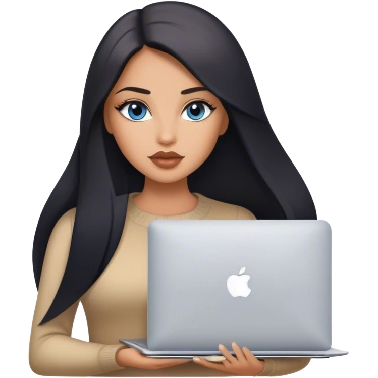 Glamours, tanned, very beautiful girl, with big pump beige lips, black straight smooth silky long hair, straight parting, blue-grey eyes, holding MacBook emoji