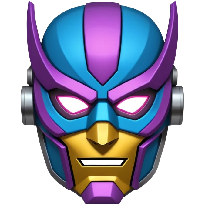 "Stylized sticker of a mechanical superhero mask, urban graffiti style, sharp edges, neon light accents, thick contour lines, high contrast, matte finish, isolated on white." emoji