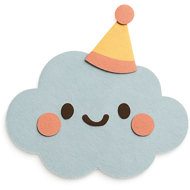 adorable pastel cute cloud, tiny party hat, smiling, no arms or legs, full body, kawaii paper craft style emoji
