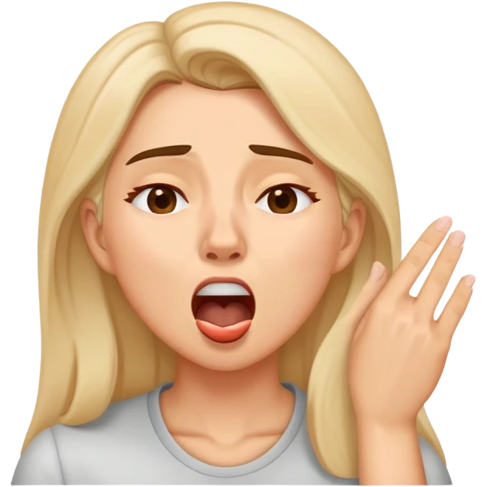 Woman propping up her tired face with hand, yawning emoji