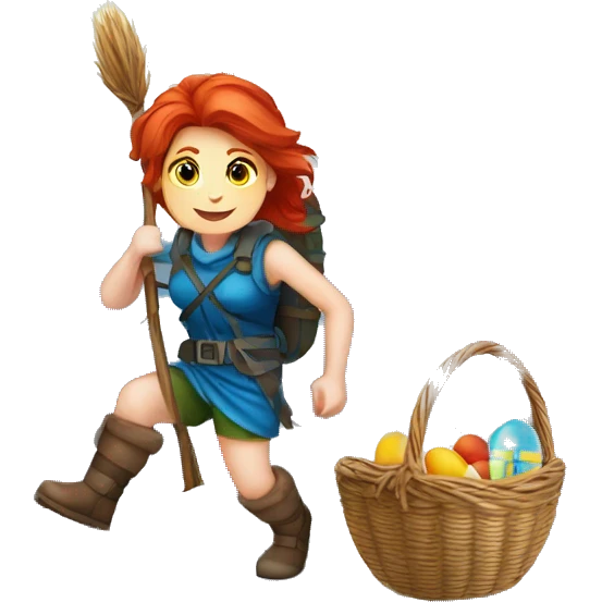 red hair female winter mountaineer climbing with Easter eggsbasket and Greek flag emoji