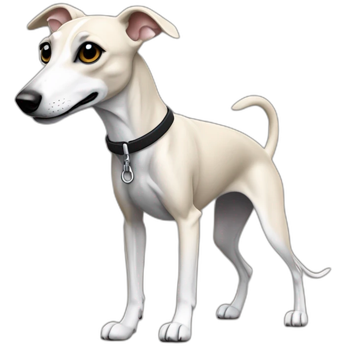 a beige whippet body with one fore-foot up and a leash going out of frame, with a dark snout, black and white mouth patchy and black angel wing like eyes emoji