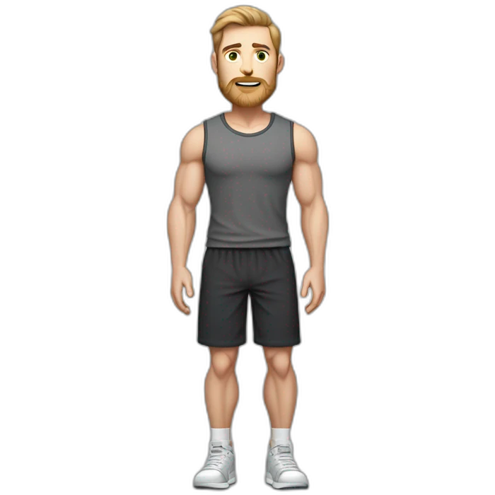 Full height Pale skinned muscular man With Realistic eyes and mouth, light brown hair and stubble In dark gray sleeveless mike, black oversize sports shorts, watch and white sneakers. emoji