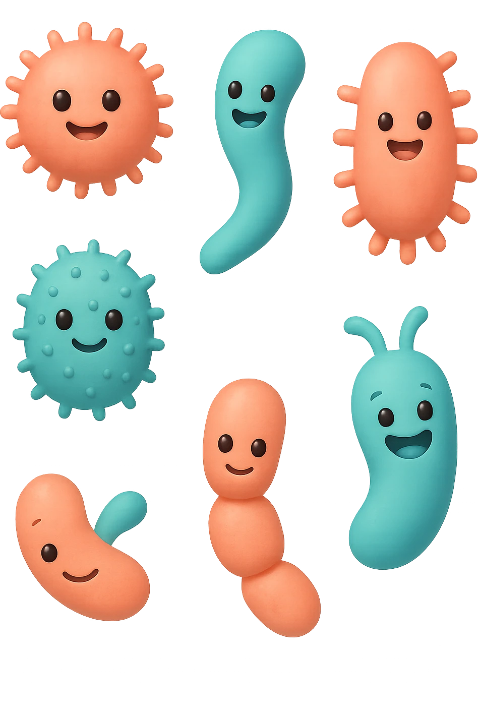 EMOJI STILE IPHONE DI 6 SPECIE DI BATTERI INTESTINALI ROSA SALMONE E TURCHESI DIVERSI TRA LORO PER FORMA, FLUTTUANO IN ARIA, IPERREALISTICO 4K emoji