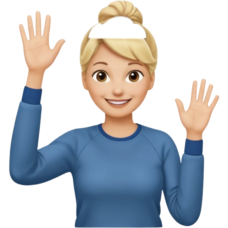 50 year old blonde woman with bun in casual clothes and sweat shirt waving emoji
