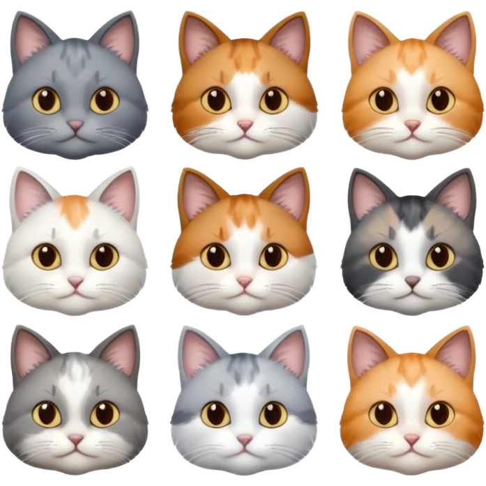 6 realistic looking cats with different natural coloured coats, assorted grey and white, greys, calico, brown and white colours etc
 emoji