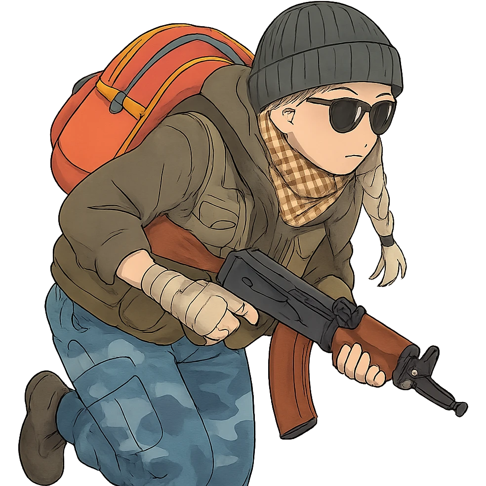 1 female, long white braid, knit cap, dark sunglasses, shemegh neckwrap, fishing vest, vibrant shool backpack, drab hoodie, handwraps, blue camo pants, AKS-74U, hunched over, on the move emoji