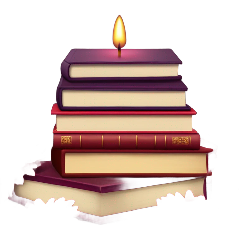 A maroon book stack adorned with ruby-red chrysanthemums and a candle emoji