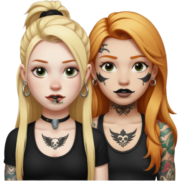 girl with long blonde hair, black tattoos and a septum piercing next to an athletic ginger girl with tattoos and a septum piercing emoji