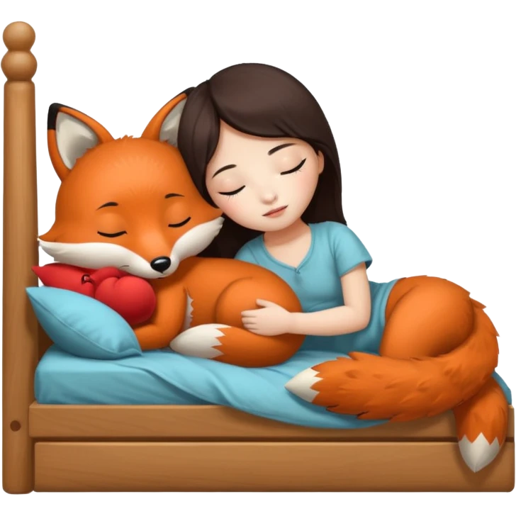 A Chinese girl sleeping with a fox stuff toy next to her bed emoji