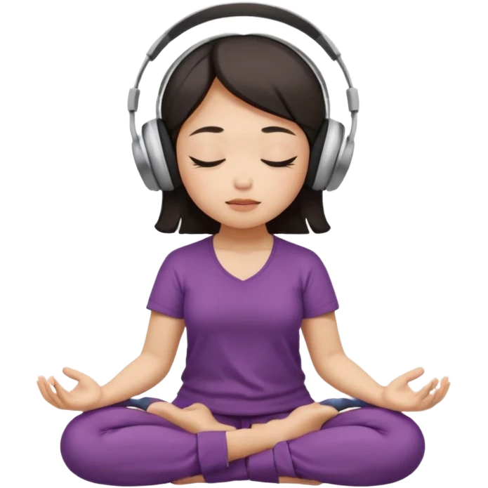 An East Asian woman🧘🏻‍♀️ is sitting cross-legged in a meditation pose, wearing Apple headphones🎧 and listening to music. The song is so beautiful that she has her eyes closed and tears streaming down her face. emoji