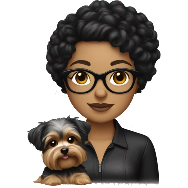 A White girl with curly medium length black hair and glasses holding a Yorkie  emoji