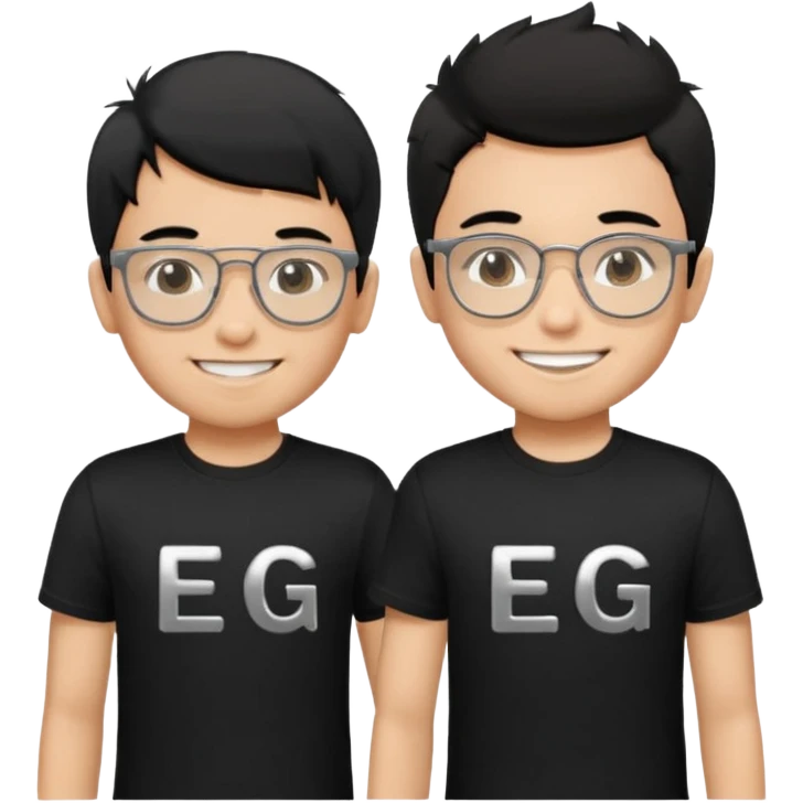 2 boys both wearing black t-shirts with the letters EDG, one wearing silver rectangular glasses, black hair, smiling; the other with black hair smiled brightly emoji