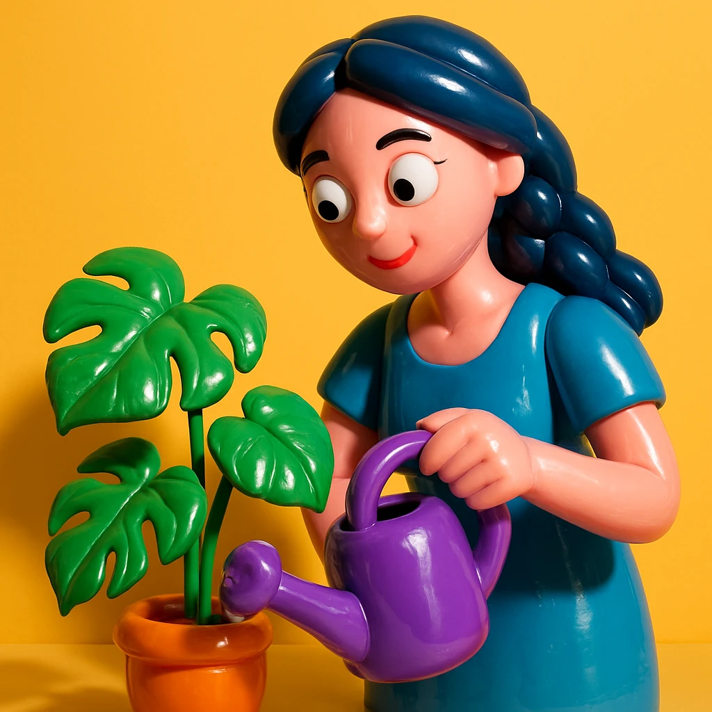 woman watering her monstera plant emoji