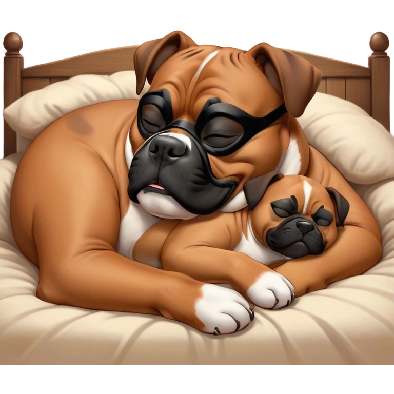 Cinematic Meme-Worthy Chubby Sleeping Boxer dog Portrait Emoji, Head resting peacefully with a contented smile, showcasing a delightfully chubby build and a luxuriously soft fawn coat with a striking black mask, eyes shut in a serene nap, Simplified yet hilariously adorable features, highly detailed, glowing with a soft, drowsy light, high shine, relaxed and utterly lovable, stylized with an air of playful laziness, bright and heartwarming, soft glowing outline, capturing the essence of a comically sleepy Boxer, so meme-worthy it feels like it could instantly become the next viral sensation of adorable slumber! emoji