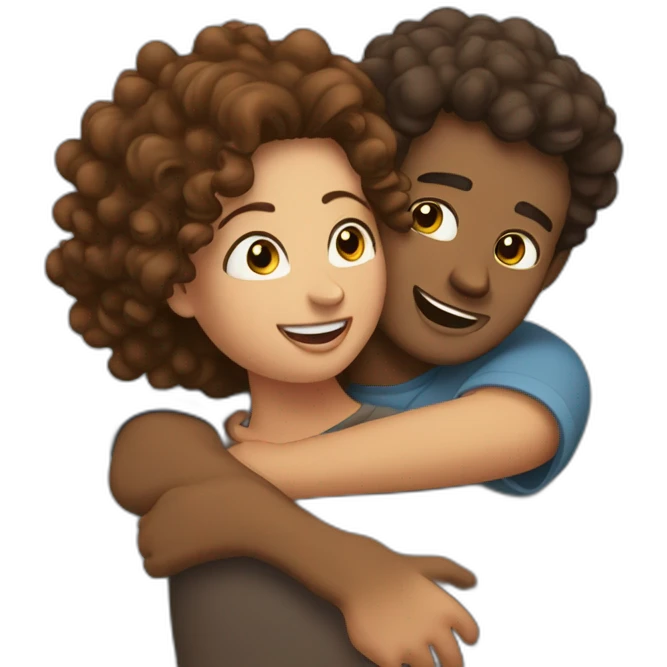 Hug between brown guy and curly brown hair woman emoji