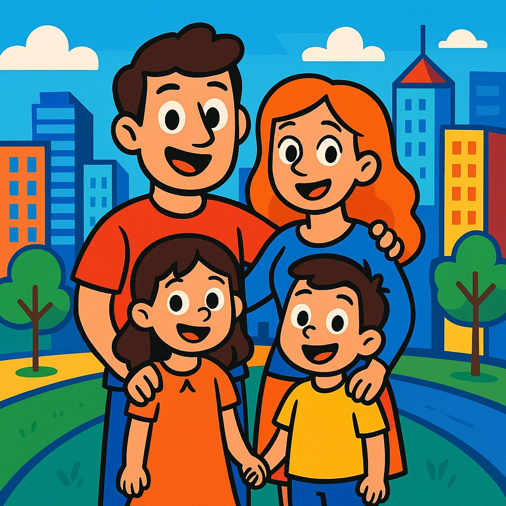 cartoon family standing together in a city, colorful, cheerful, modern urban background, vibrant toon style emoji
