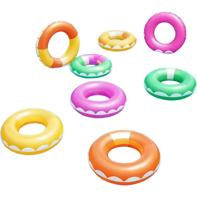 swimming pool surface with multiple inflatable pool floats floating on water, extra colorful float rings scattered across the pool, glossy water reflections, summer vibe, 3D cartoon style, mobile game icon style, clean composition, no people, no text, no watermark

 emoji