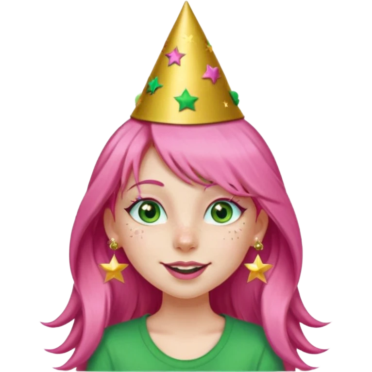 A girl with long pink hair and green eyes with long eyelashes and a happy face. She has freckles and a lit of bit of pink lipstick on her mouth, she’s also got a full gold birthday party hat on her head with gold pom poms on top of it, and her T-shirt is all red, she wore gold star earrings  emoji
