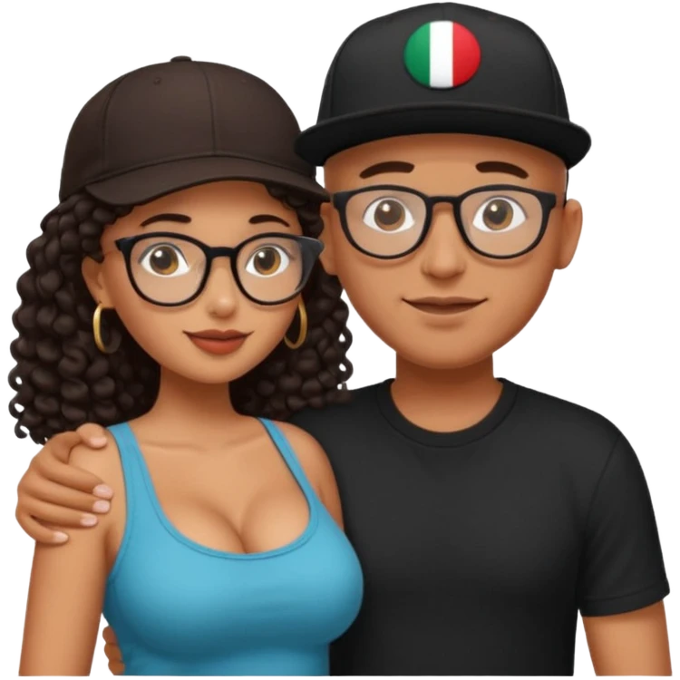 A picture of an embracing tanned couple. the man is a Mexican man with tanned skin, with a bald hair cut wearing a SnapBack hat and a black shirt. the woman has glasses on with long curly dark brown hair and with big boobs.  emoji
