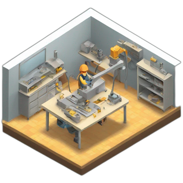 isometric fabricator working in creative workshop industrial  emoji