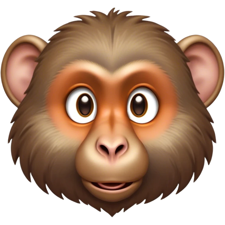 Cinematic Cute Baboon Portrait Emoji, Head tilted playfully and inquisitively, featuring a vibrant Fur of earthy browns with expressive, round, sparkling eyes filled with curiosity, Simplified yet irresistibly adorable features, highly detailed, glowing with a warm, friendly glow, high shine, affectionate and spirited, stylized with a touch of urban whimsy, bright and endearing, soft glowing outline, capturing the essence of a mischievous yet loving baboon, so playful it feels like it could leap out of the screen and into your arms! emoji