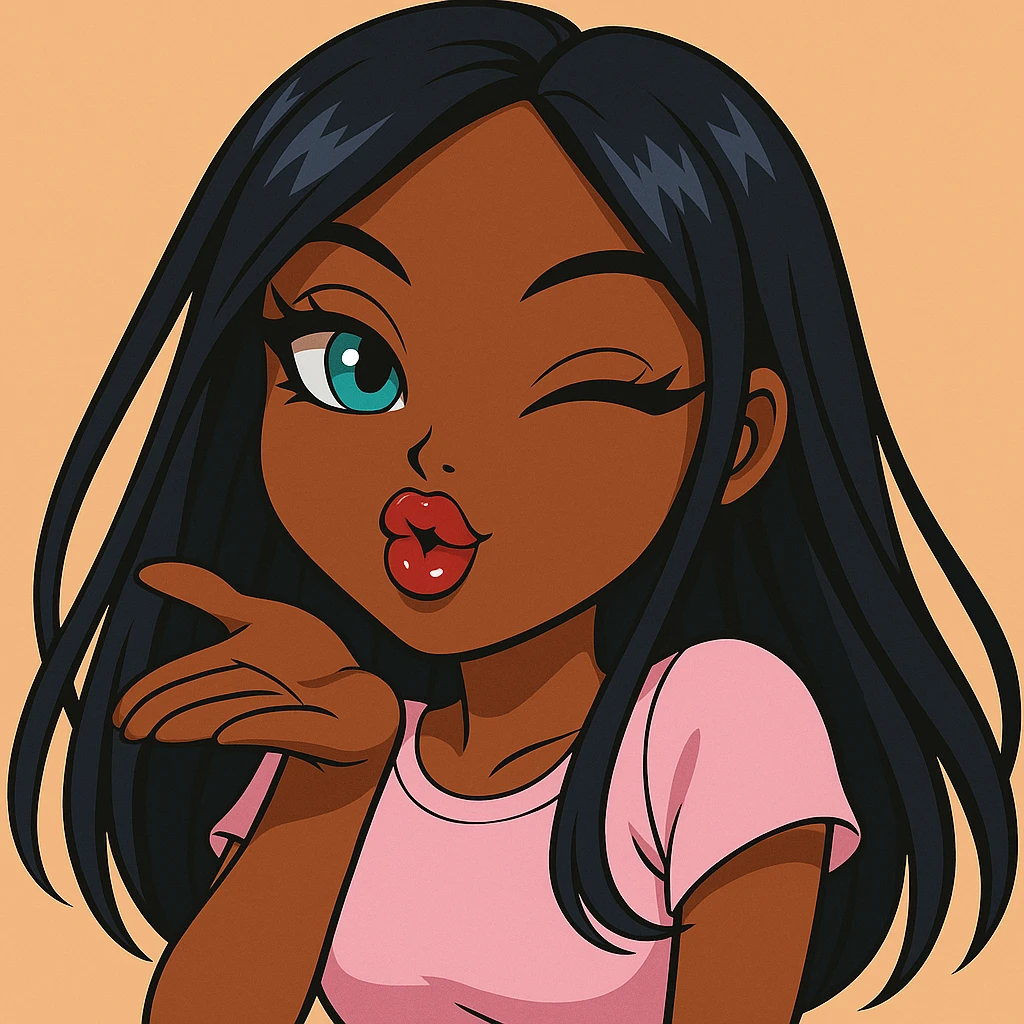 Remove any hats, ensure she is winking while blowing a kiss, headshot only, 20-year-old anime Bratz style woman with dark skin, dark hair, bold colorful fashion-forward look, big expressive eyes, glossy lips, happy expression, no tears. Style: anime Bratz. emoji