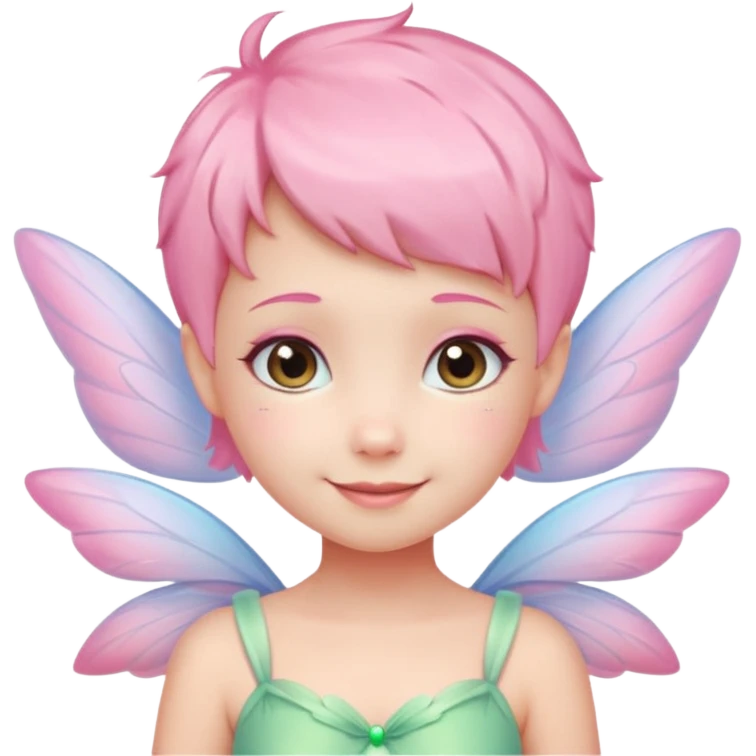 A tiny pastel fairy with pink short hair with glowing wings and a sweet smile  emoji