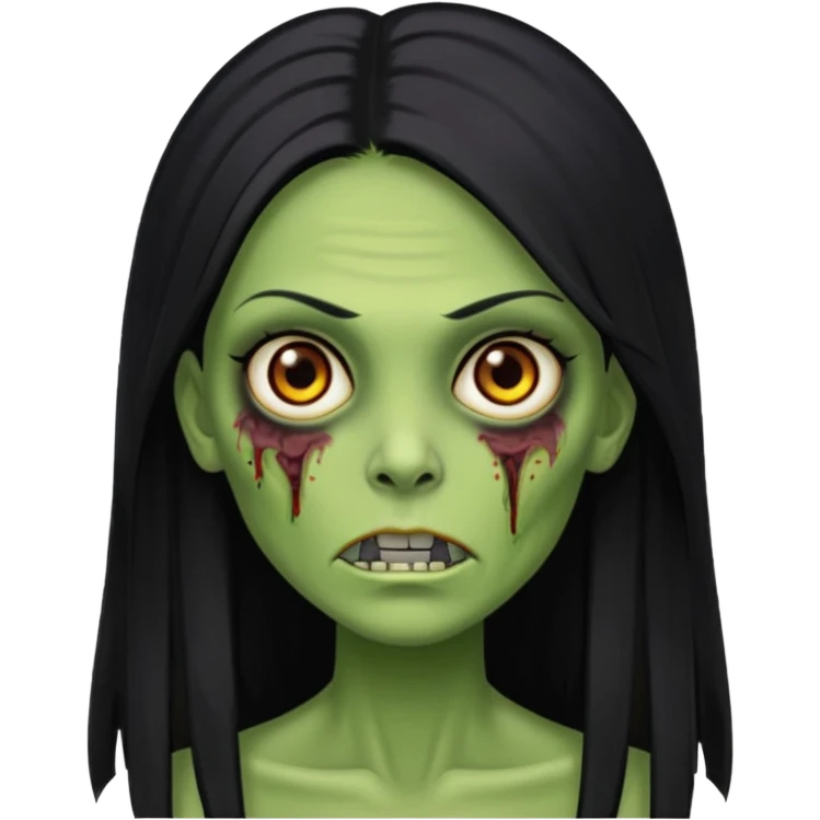 Faça uma zombie verde mulher com cabelos preto, liso e longo de olhos castanhos emoji
