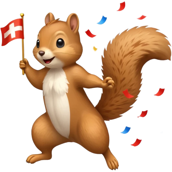 squirrel jumping with a Swiss flag, lots of confetti, emoji style emoji