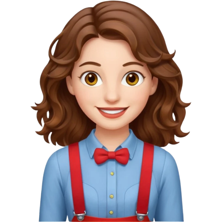 Woman with wavy brown hair and hazel eyes wearing red trouser suspenders  emoji