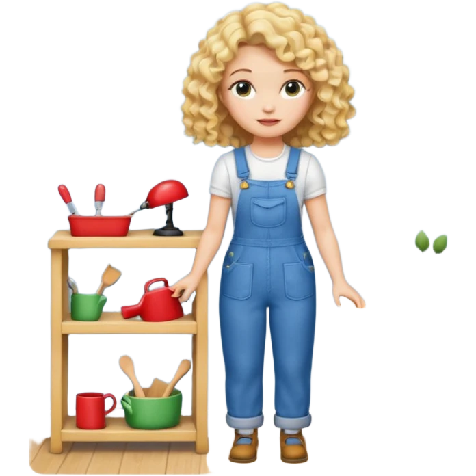 blonde curly woman arranging furniture in doll house with overalls emoji