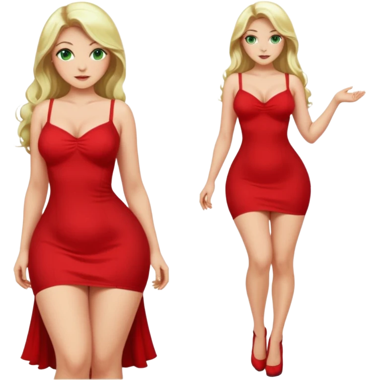 Blonde, green eyed woman with long  hair. She is curvy with a big butt and small breast. She is in sexy  red clothes nude and full body exposed. She has nice long legs. She is doing sexy pose emoji