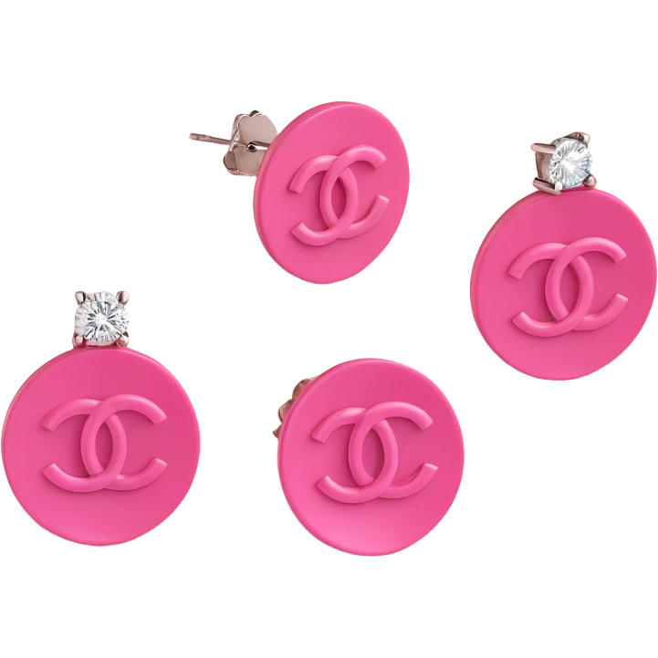 3D emoji-style pink Chanel logo earrings with diamond accents, glamorous emoji