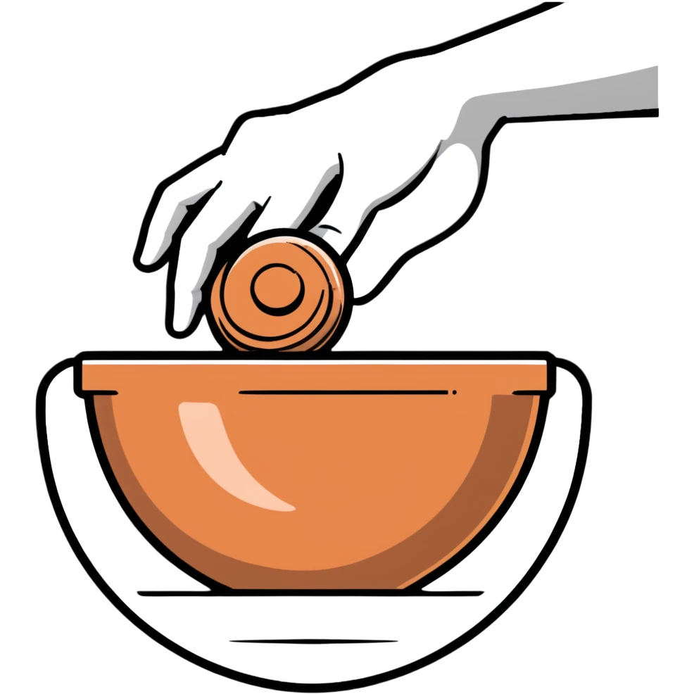 thumb pressing side of a clay ball down onto a silver pottery wheel, thumb at the bottom of the clay, pottery gesture emoji