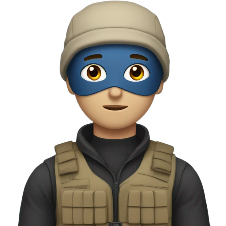 White male, face mask, tan tactical gear, tan pants, combat boots, black beanie, blue eyes emoji