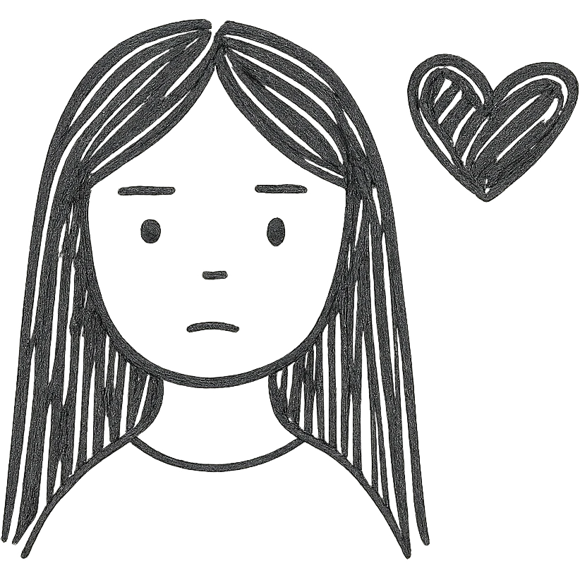 pale girl with long black hair and a black heart emoji