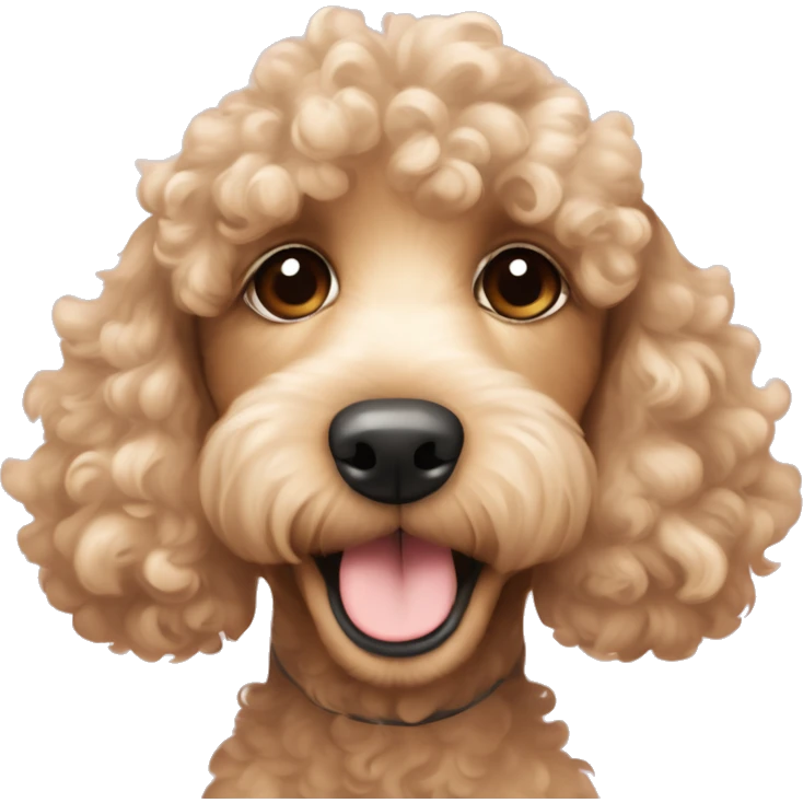 Cute young cocker poodle mix in beige and curly fur happy face fur more apricot and more like cocker spaniel looking  emoji
