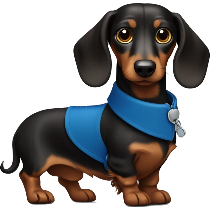 Dark fur Dachshund with long legs in blue collar  emoji