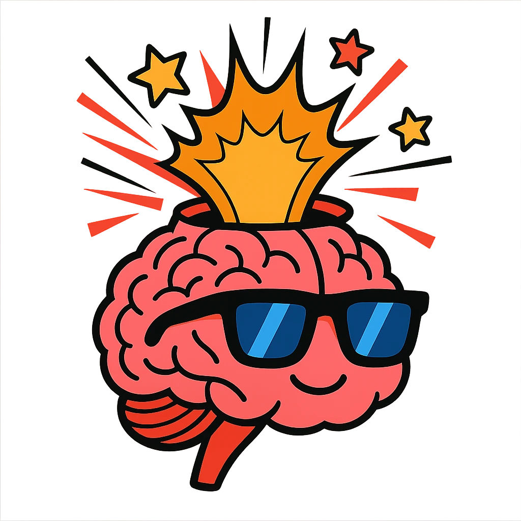 brain with cool sunglasses, top bursting open with comic-style explosion lines and stars emoji