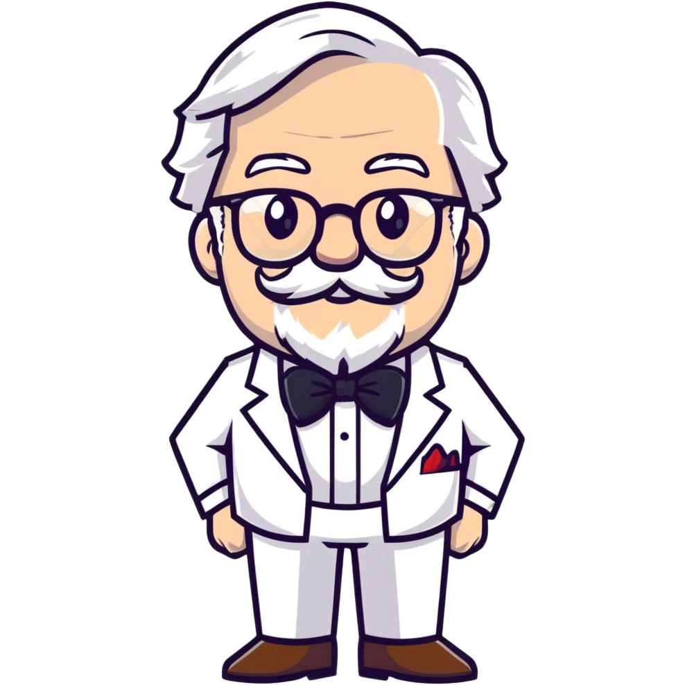 Colonel Sanders KFC, old man with white hair, white goatee, black bow tie, white suit, glasses emoji