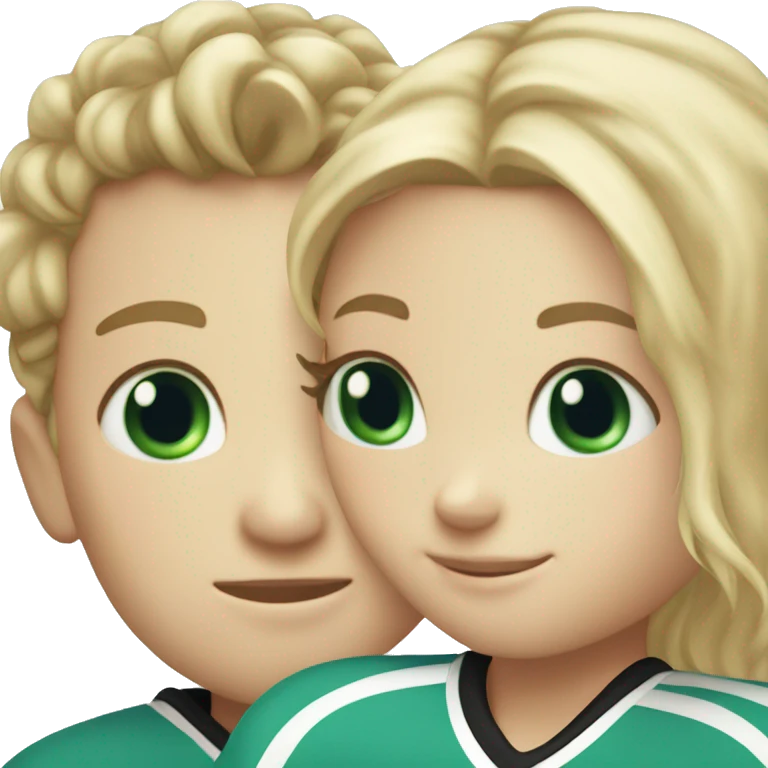 A hockey boy and a figure skating girl hugging the girl has blond hair and blue eyes the boy has black hair with green eyes  emoji
