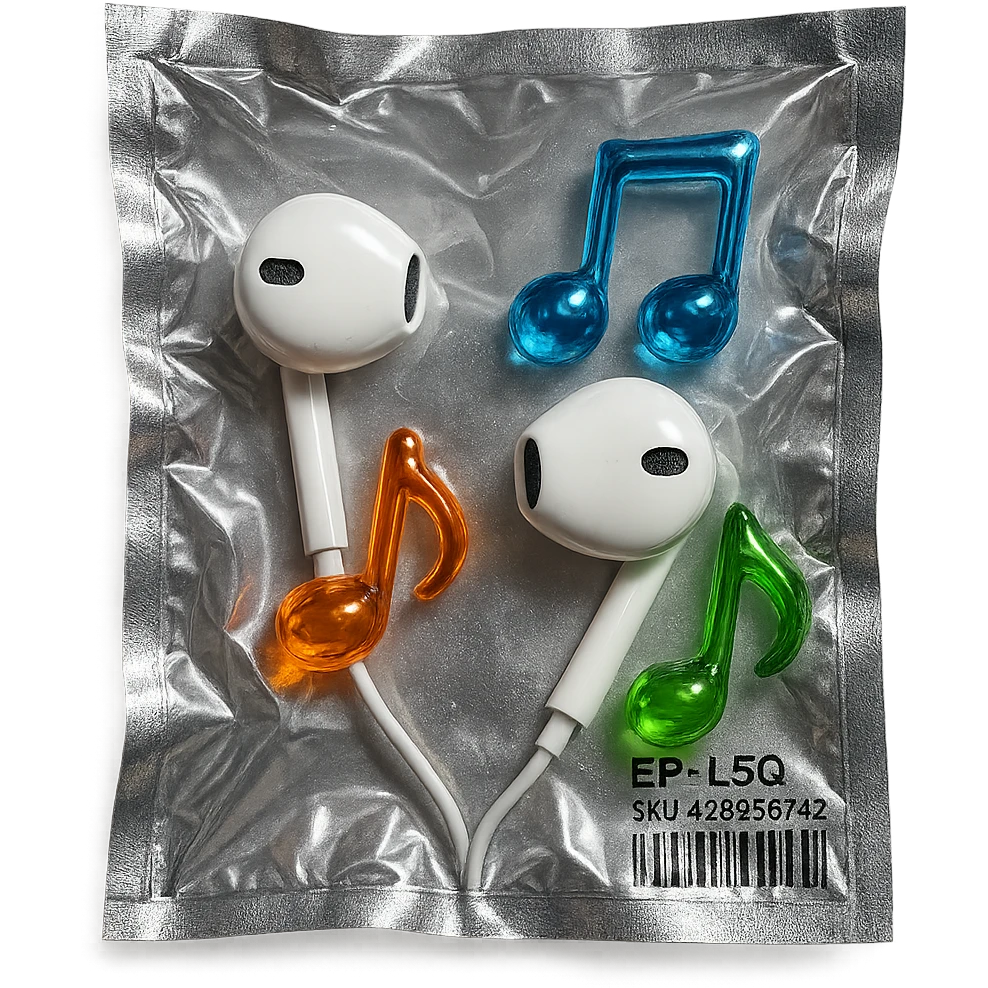 pair of white EarPods with exactly three floating multicolored glassy music notes, shiny and inflated emoji