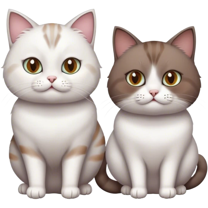 Two cats, the first one is fat and white body with different eyes color, another one is slim and have brown and gray and white. emoji