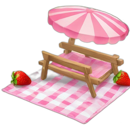 Beach with pink clouds and picnic mat with strawberries  emoji