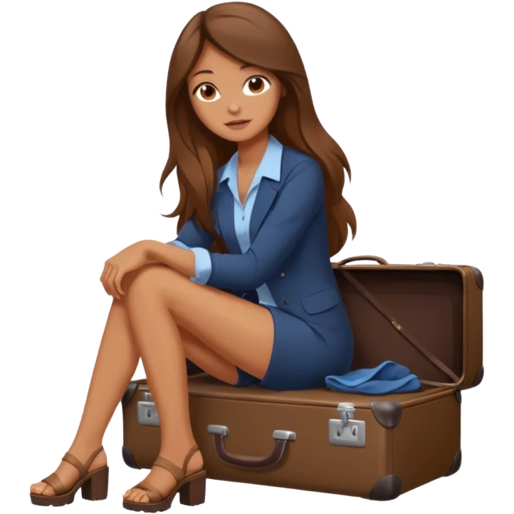 The sticker is a realistic beautiful woman with long brown hair, sitting on a suitcase, a cartoon-style vector illustration created using Procreate --chaos 25 emoji