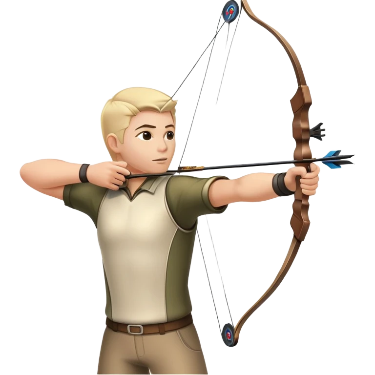 An archer pulling back a bowstring, aiming at a target in the distance. The target features concentric rings, and the scene conveys focus and precision. The background captures the essence of an outdoor archery range, highlighting skill and concentration in the sport. emoji