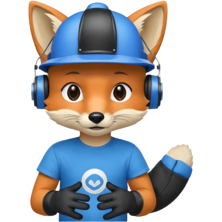 лисенок в каске синей и киней футболке и черных перчатках слушает музыку emoji