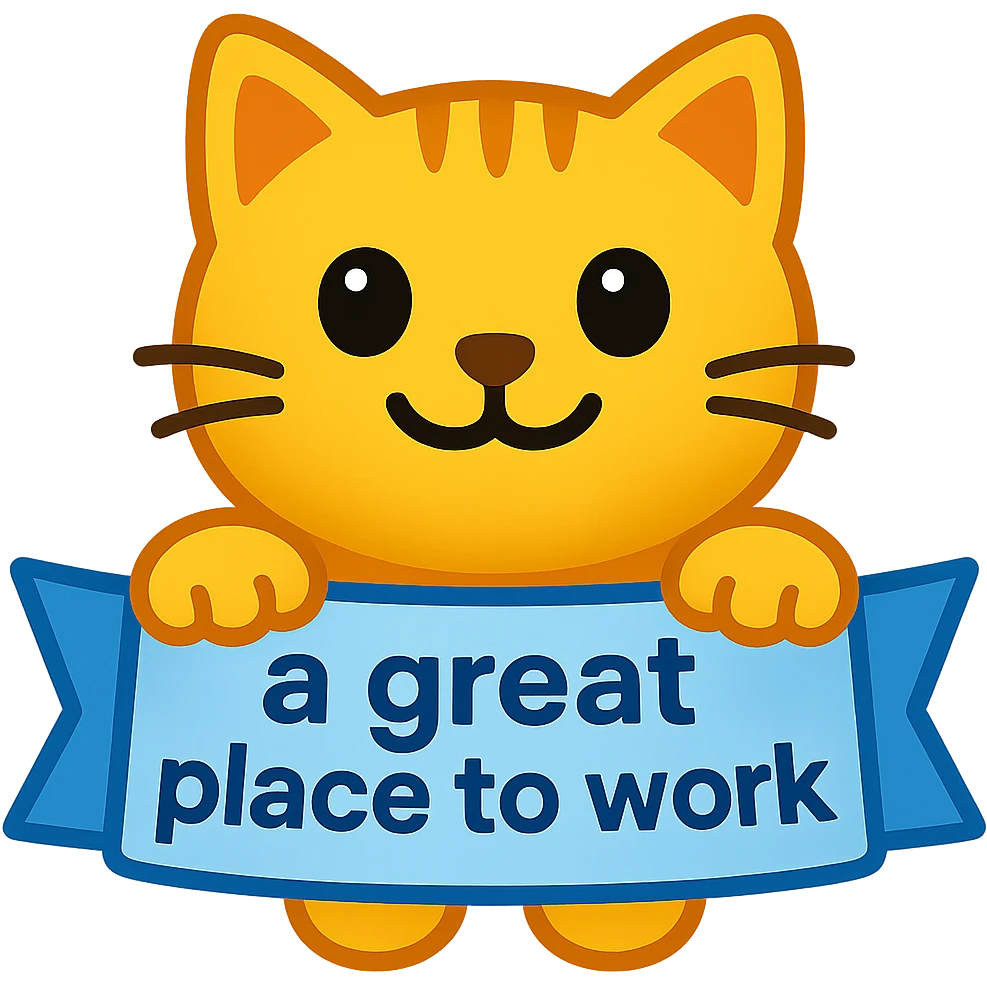 emoji style cat holding a ribbon with the text 'a great place to work' written in blue emoji